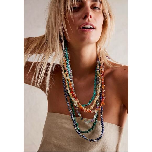 Free People Bohemian Single Strand Crystal Chip Beaded Necklace Lapis Blue NWT - Picture 12 of 15